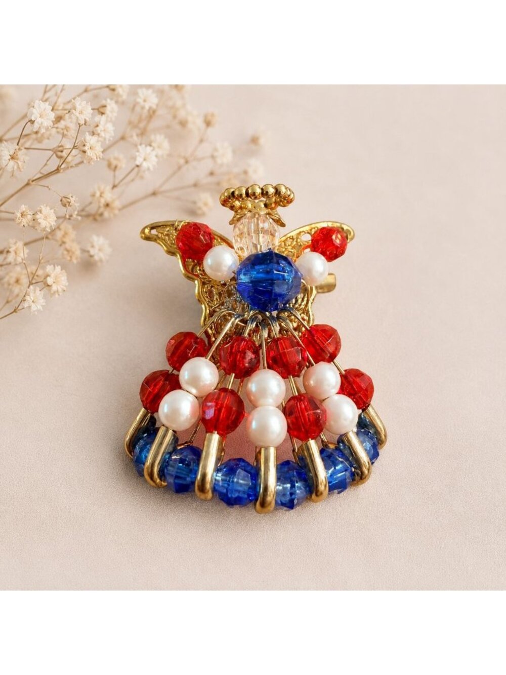 Vintage Patriotic Angel Brooch Beaded Safety Pin Americana July 4th Pin USA